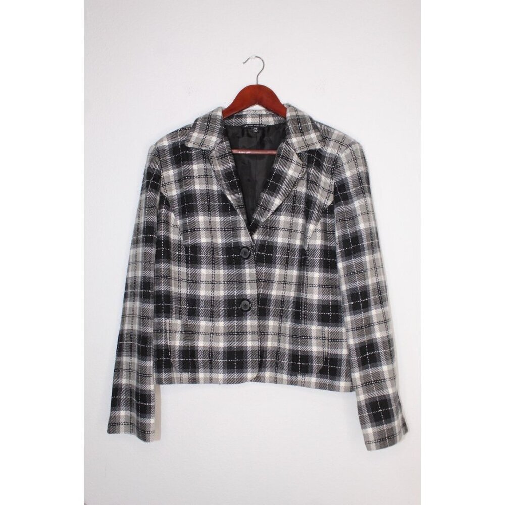 Briggs New York Plaid Blazer Women's 14 Black White Grey Lined Tailored Pockets‎